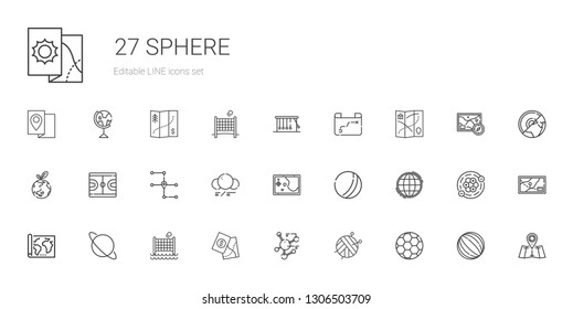 sphere icons set. Collection of sphere with football, ball, molecule, map, volley, uranus, worldwide, basketball, planet earth, newtons cradle. Editable and scalable sphere icons.