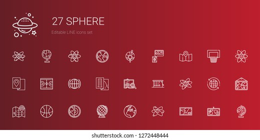 sphere icons set. Collection of sphere with map, atom, earth, earth globe, basketball, newtons cradle, global, globe, earth grid, atomic, planet. Editable and scalable sphere icons.