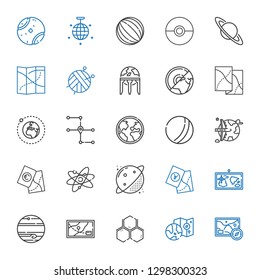 sphere icons set. Collection of sphere with map, worldwide, molecule, jupiter, planet, atom, ball, globe, earth, earth globe, saturn, pokeball. Editable and scalable sphere icons.