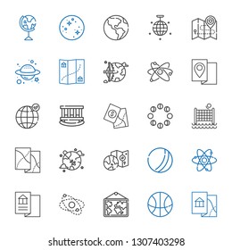 sphere icons set. Collection of sphere with map, basketball, planet, atom, ball, worldwide, volley, moon phases, cradle, earth grid, mirror ball. Editable and scalable sphere icons.