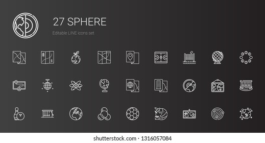 sphere icons set. Collection of sphere with map, worldwide, football, molecule, earth, newtons cradle, bowling, globe, atomic, mirror ball. Editable and scalable sphere icons.