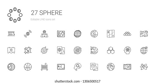 sphere icons set. Collection of sphere with planet earth, map, ozone, volley, basketball, earth, molecule, worldwide, atoms, ball, atom, earth grid. Editable and scalable sphere icons.