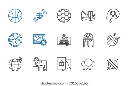 sphere icons set. Collection of sphere with planet, molecule, map, earth grid, ball, earth globe, globe, ozone, football, basketball. Editable and scalable sphere icons.