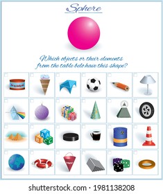 Sphere. Image of volumetric geometrical figure with examples of such objects form. Vector illustration