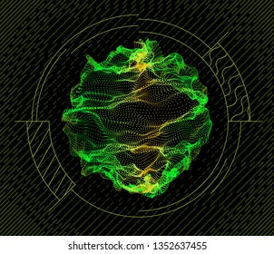 Sphere inside target from dynamic particles wave from nodes. 3d sea flowing over dark. Array of colorful lights. Vector abstract globe grid background. Beautiful stream infographic by glowing dots.