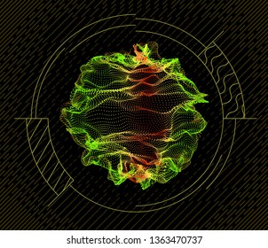 Sphere inside target from dynamic particles wave from nodes. 3d sea flowing over dark. Array of colorful lights. Vector abstract globe grid background. Beautiful stream infographic by glowing dots.