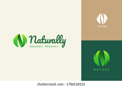 Sphere leaf in N shaped with beautiful gradient color, alphabet logo design set