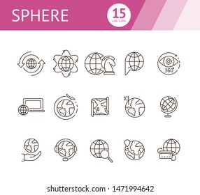 Sphere line icon set. Planet, credit card payment, air trip. Globe concept. Can be used for topics like tourism, travel, journey