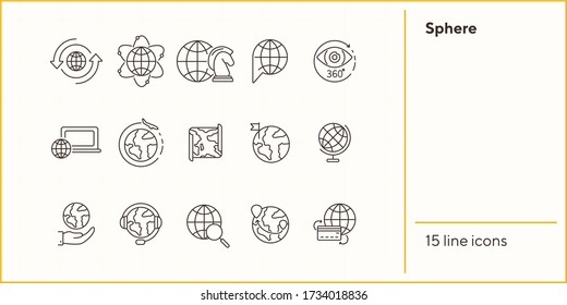 Sphere line icon set. Planet, credit card payment, air trip. Globe concept. Can be used for topics like tourism, travel, journey