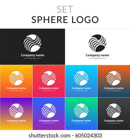 Sphere logo. Set abstract circle icon with colorful gradient background. Vector sign on black and white color. Creative vision concept logo, elements, symbol for card, brand, banners.