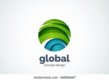 Plantilla de logotipo de esfera, concepto global o mundial - estilo mínimo geométrico, creado con elementos de curva superpuestos y ondas. Emblema de identidad corporativa, elemento abstracto de marca de empresa