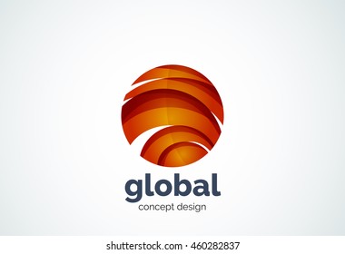 Sphere logo template, global or world concept - geometric minimal style, created with overlapping curve elements and waves. Corporate identity emblem, abstract business company branding element