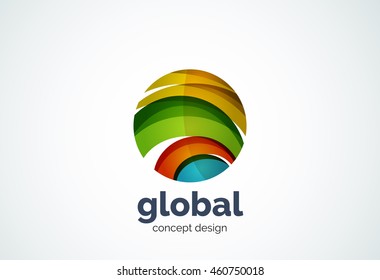 Sphere logo template, global or world concept - geometric minimal style, created with overlapping curve elements and waves. Corporate identity emblem, abstract business company branding element