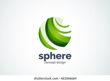 Plantilla de logotipo de esfera, concepto global o mundial - estilo mínimo geométrico, creado con elementos de curva superpuestos y ondas. Emblema de identidad corporativa, elemento abstracto de marca de empresa