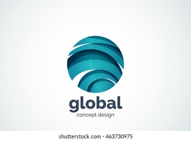 Sphere logo template, global or world concept - geometric minimal style, created with overlapping curve elements and waves. Corporate identity emblem, abstract business company branding element