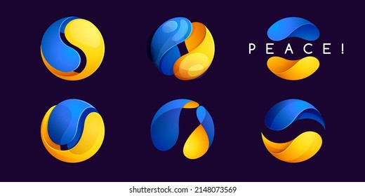 Sphere logo in Ukrainians flag colors with Peace lettering. Colorful vector emblems in volume style. Stop war icons set on a black background.