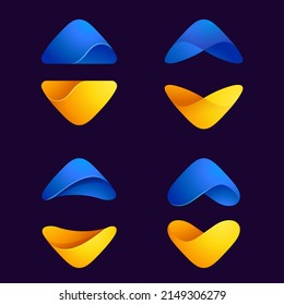Sphere logo in Ukrainians flag colors. Colorful vector emblems in volume style. Stop war icons set on a black background.