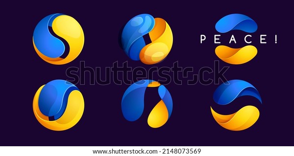 Sphere logo in Ukrainians flag colors with\
Peace lettering. Colorful vector emblems in volume style. Stop war\
icons set on a black\
background.