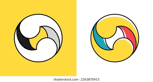 Sphere logo. Yin and yang in circle emblem. Optical illusion sign. Retro 3D icons set with black and white polka dots and color options. Vector impossible shape for halftone label, vintage posters.