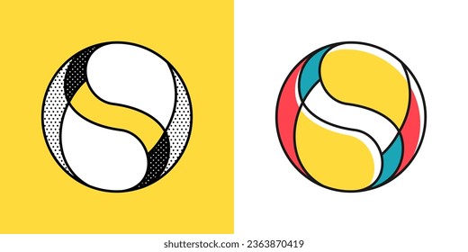 Sphere logo. Yin and yang in circle emblem. Optical illusion sign. Retro 3D icons set with black and white polka dots and color options. Vector impossible shape for halftone label, vintage posters.