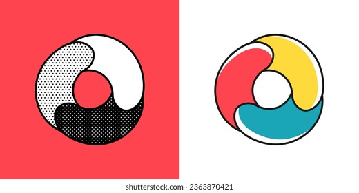 Sphere logo. Yin and yang in circle emblem. Optical illusion sign. Retro 3D icons set with black and white polka dots and color options. Vector impossible shape for halftone label, vintage posters.