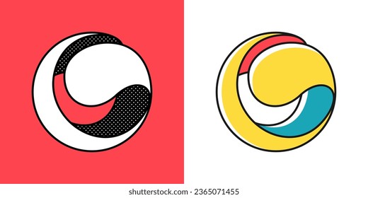 Sphere logo. Yin and yang in circle emblem. Optical illusion sign. Retro 3D icons set with black and white polka dots and color options. Vector impossible shape for halftone label, vintage posters.