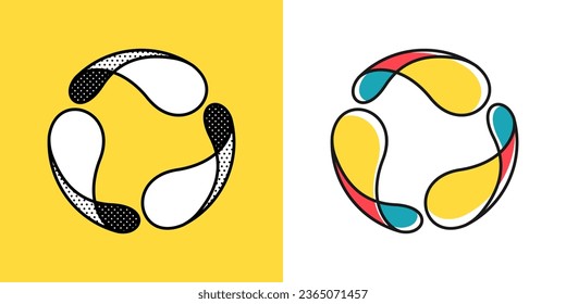 Sphere Logo. Yin und Yang im Kreis Emblem. Optisches Illusionszeichen. Retro 3D-Symbole mit schwarz-weißem Polka-Punkte und Farboptionen. Vektorunmögliche Form für das Halftonetikett, Vintage-Plakate.