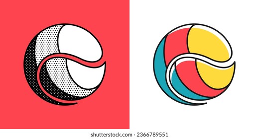 Sphere logo. Yin and yang in circle emblem. Optical illusion sign. Retro 3D icons set with black and white polka dots and color options. Vector impossible shape for halftone label, vintage posters.