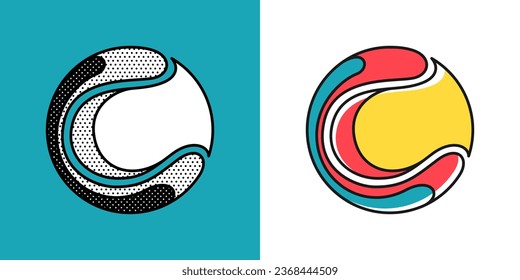 Sphere logo. Yin and yang in circle emblem. Optical illusion sign. Retro 3D icons set with black and white polka dots and color options. Vector impossible shape for halftone label, vintage posters.