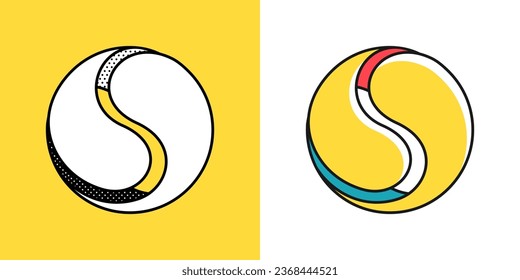 Sphere logo. Yin and yang in circle emblem. Optical illusion sign. Retro 3D icons set with black and white polka dots and color options. Vector impossible shape for halftone label, vintage posters.