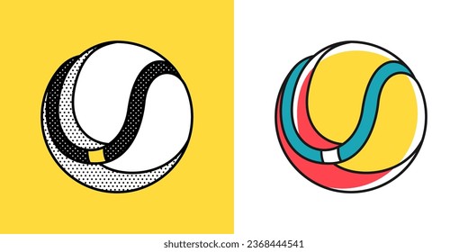 Sphere logo. Yin and yang in circle emblem. Optical illusion sign. Retro 3D icons set with black and white polka dots and color options. Vector impossible shape for halftone label, vintage posters.