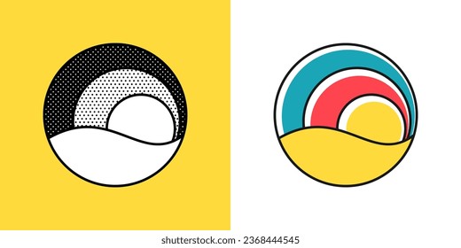 Sphere logo. Yin and yang in circle emblem. Optical illusion sign. Retro 3D icons set with black and white polka dots and color options. Vector impossible shape for halftone label, vintage posters.