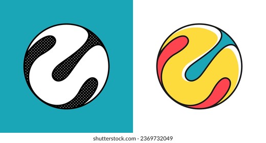 Sphere logo. Yin and yang in circle emblem. Optical illusion sign. Retro 3D icons set with black and white polka dots and color options. Vector impossible shape for halftone label, vintage posters.