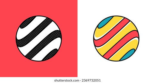 Sphere logo. Yin and yang in circle emblem. Optical illusion sign. Retro 3D icons set with black and white polka dots and color options. Vector impossible shape for halftone label, vintage posters.