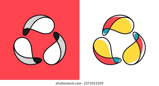 Sphere logo. Yin and yang in circle emblem. Optical illusion sign. Retro 3D icons set with black and white polka dots and color options. Vector impossible shape for halftone label, vintage posters.