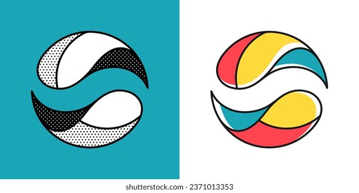 Sphere logo. Yin and yang in circle emblem. Optical illusion sign. Retro 3D icons set with black and white polka dots and color options. Vector impossible shape for halftone label, vintage posters.