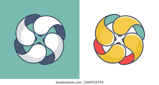 Sphere logo. Yin and yang overlapping emblem. Optical intersection sign. Retro 3D overlay icons with halftone polka dots and color shift. Vector impossible shape for vintage label, fintech startup.