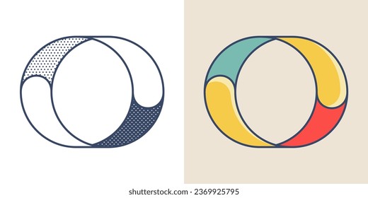 Sphere logo. Yin and yang overlapping emblem. Optical intersection sign. Retro 3D overlay icons with halftone polka dots and color shift. Vector impossible shape for vintage label, fintech startup.