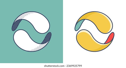 Sphere logo. Yin and yang overlapping emblem. Optical intersection sign. Retro 3D overlay icons with halftone polka dots and color shift. Vector impossible shape for vintage label, fintech startup.