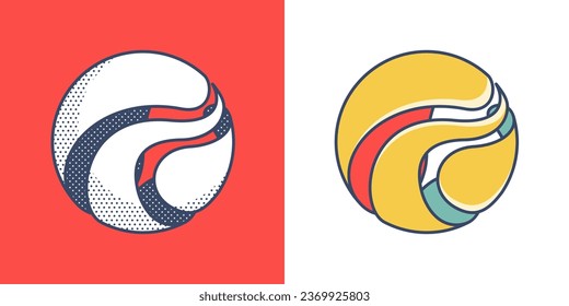 Sphere logo. Yin and yang overlapping emblem. Optical intersection sign. Retro 3D overlay icons with halftone polka dots and color shift. Vector impossible shape for vintage label, fintech startup.