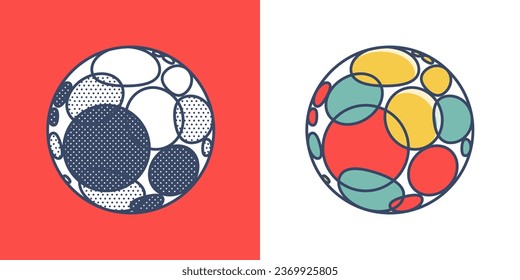 Sphere logo. Yin and yang overlapping emblem. Optical intersection sign. Retro 3D overlay icons with halftone polka dots and color shift. Vector impossible shape for vintage label, fintech startup.