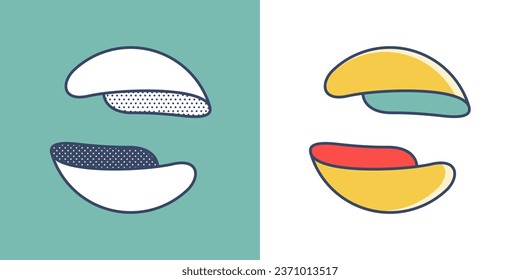 Sphere logo. Yin and yang overlapping emblem. Optical intersection sign. Retro 3D overlay icons with halftone polka dots and color shift. Vector impossible shape for vintage label, fintech startup.