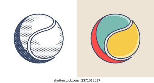 Sphere logo. Yin and yang overlapping emblem. Optical intersection sign. Retro 3D overlay icons with halftone polka dots and color shift. Vector impossible shape for vintage label, fintech startup.