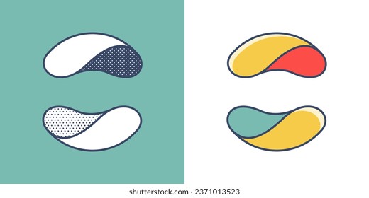 Sphere logo. Yin and yang overlapping emblem. Optical intersection sign. Retro 3D overlay icons with halftone polka dots and color shift. Vector impossible shape for vintage label, fintech startup.