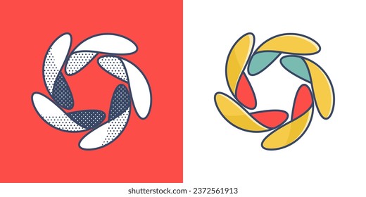 Sphere logo. Yin and yang overlapping emblem. Optical intersection sign. Retro 3D overlay icons with halftone polka dots and color shift. Vector impossible shape for vintage label, fintech startup.