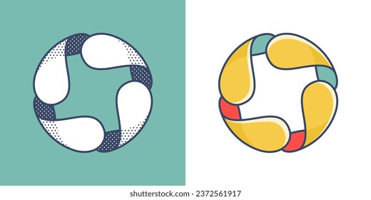 Sphere logo. Yin and yang overlapping emblem. Optical intersection sign. Retro 3D overlay icons with halftone polka dots and color shift. Vector impossible shape for vintage label, fintech startup.