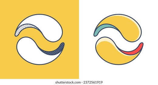 Sphere logo. Yin and yang overlapping emblem. Optical intersection sign. Retro 3D overlay icons with halftone polka dots and color shift. Vector impossible shape for vintage label, fintech startup.