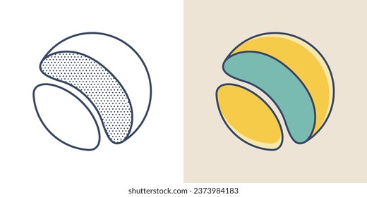 Sphere logo. Yin and yang overlapping emblem. Optical intersection sign. Retro 3D overlay icons with halftone polka dots and color shift. Vector impossible shape for vintage label, fintech startup.