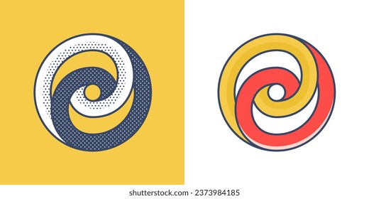 Sphere logo. Yin and yang overlapping emblem. Optical intersection sign. Retro 3D overlay icons with halftone polka dots and color shift. Vector impossible shape for vintage label, fintech startup.