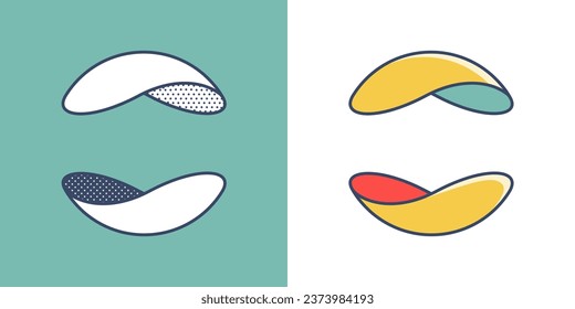 Sphere logo. Yin and yang overlapping emblem. Optical intersection sign. Retro 3D overlay icons with halftone polka dots and color shift. Vector impossible shape for vintage label, fintech startup.